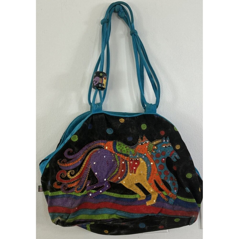 Laurel Burch Horses Canvas Shoulder Bag Beaded Tote w/mini cat bag *see wear pic